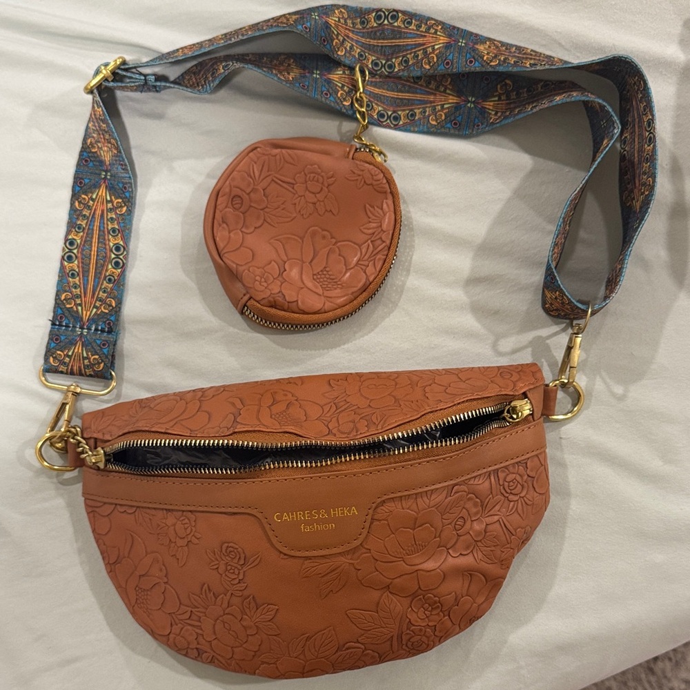 Floral Embossed Brown Crossbody Bag